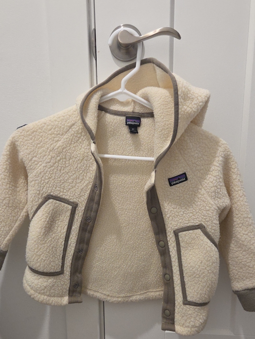 Patagonia Kids Cream Sherpa Puffer Jacket with Taupe Trim